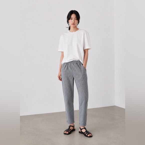 - Pants - Gray Pinstripe Cropped 7/8 Pants | Relaxed Fit Elastic Waist Minimalist Trousers